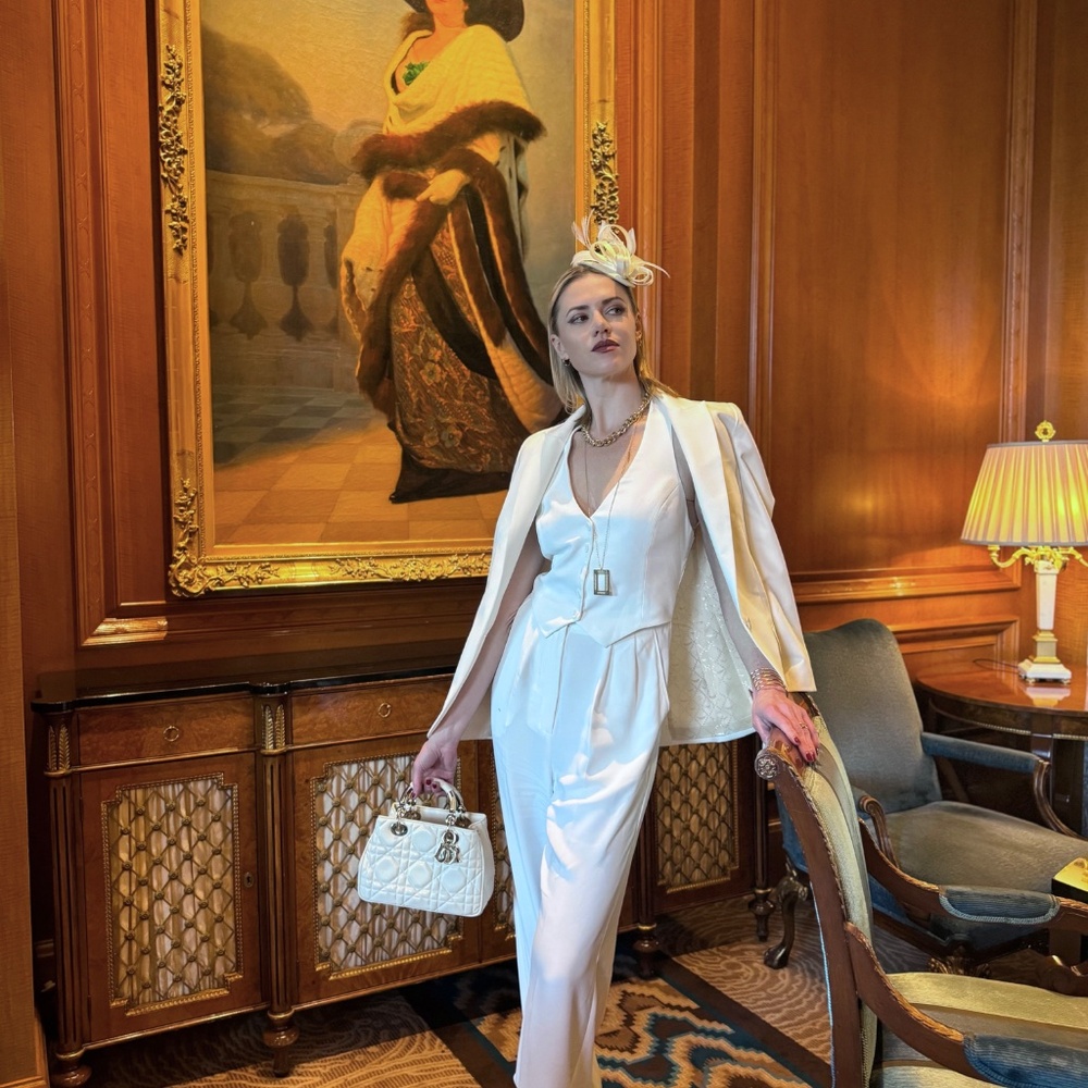 Amanda Uprichard white pant suit with halter neck